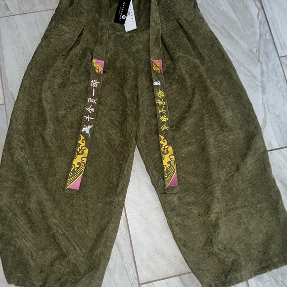 Sweaters - Olive Green Wide-Leg Corduroy Pants with Decorative Ties
